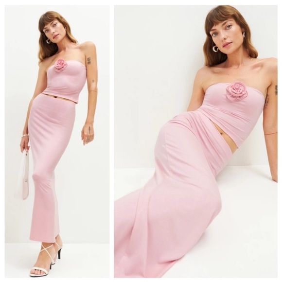 Reformation Adalynn Two Piece Rosette Strapless Top Maxi Skirt Baby Girl Pink - Picture 3 of 8